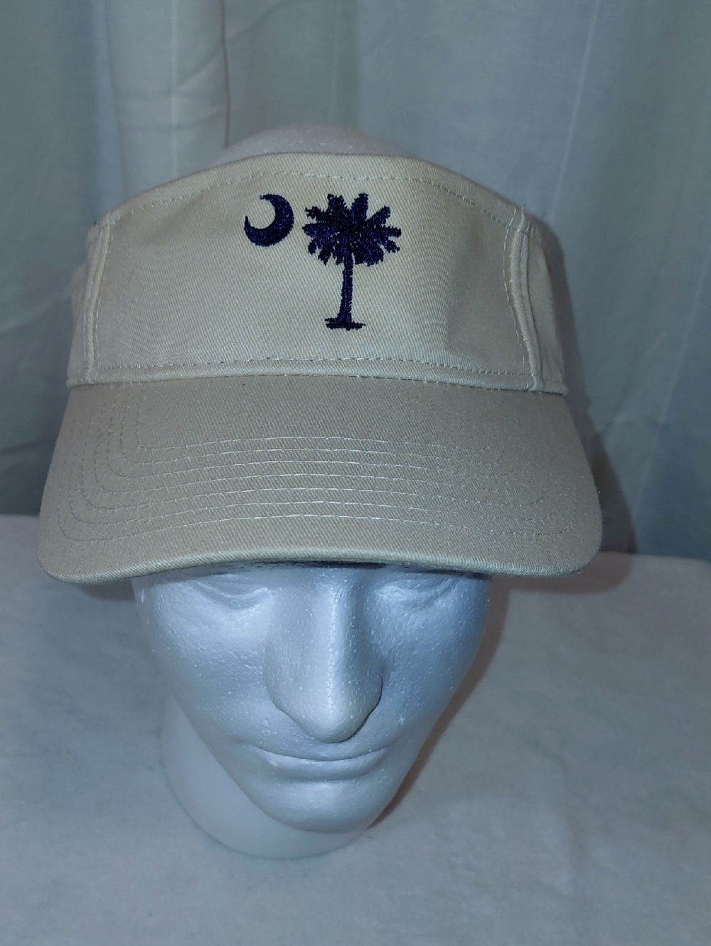 Beige Visor Hat with Navy Palmetto & Crescent Embroidery